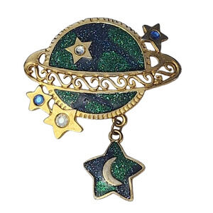 Vtg Signed Newpro Gold Tone Stars Moon Saturn Green Glitter Enamel Pin Brooch